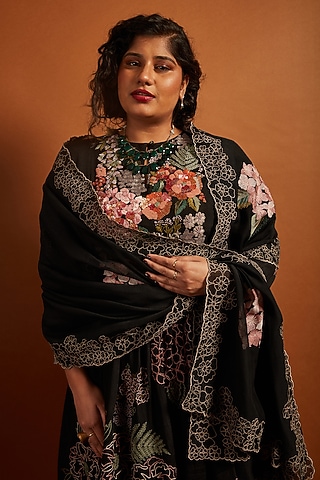 Black Fine Chanderi Embroidered Dupatta by Half Full Curve