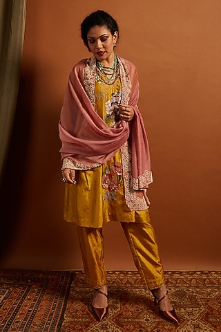 Blush Pink Fine Chanderi Embroidered Dupatta by Half Full Curve
