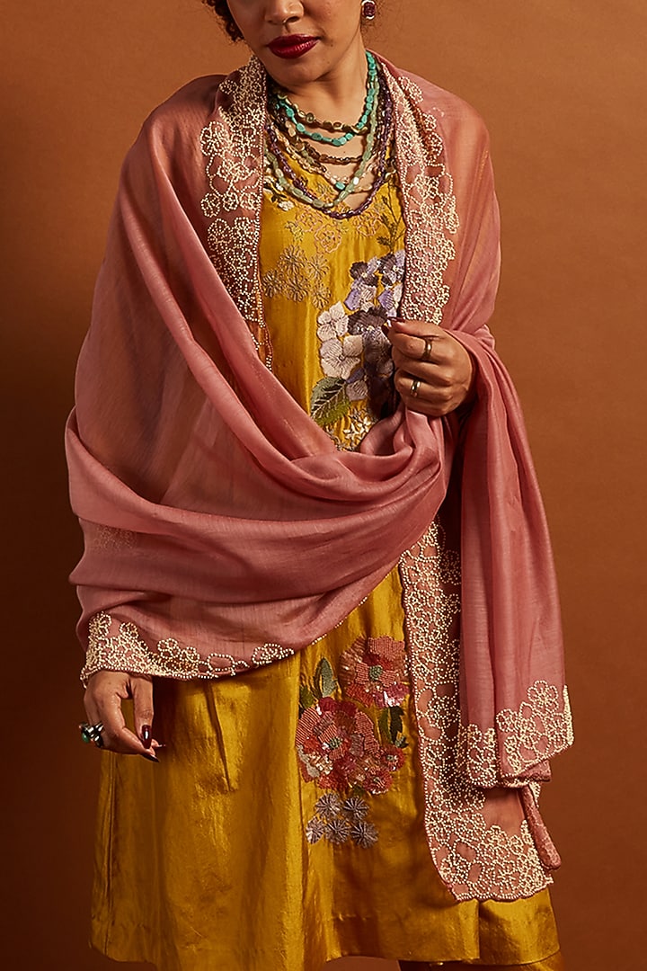 Blush Pink Fine Chanderi Embroidered Dupatta by Half Full Curve at Pernia's Pop Up Shop