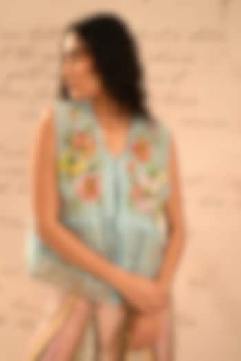 Pastel Blue Fine Chanderi Floral Embroidered Vest by Half Full Curve at Pernia's Pop Up Shop
