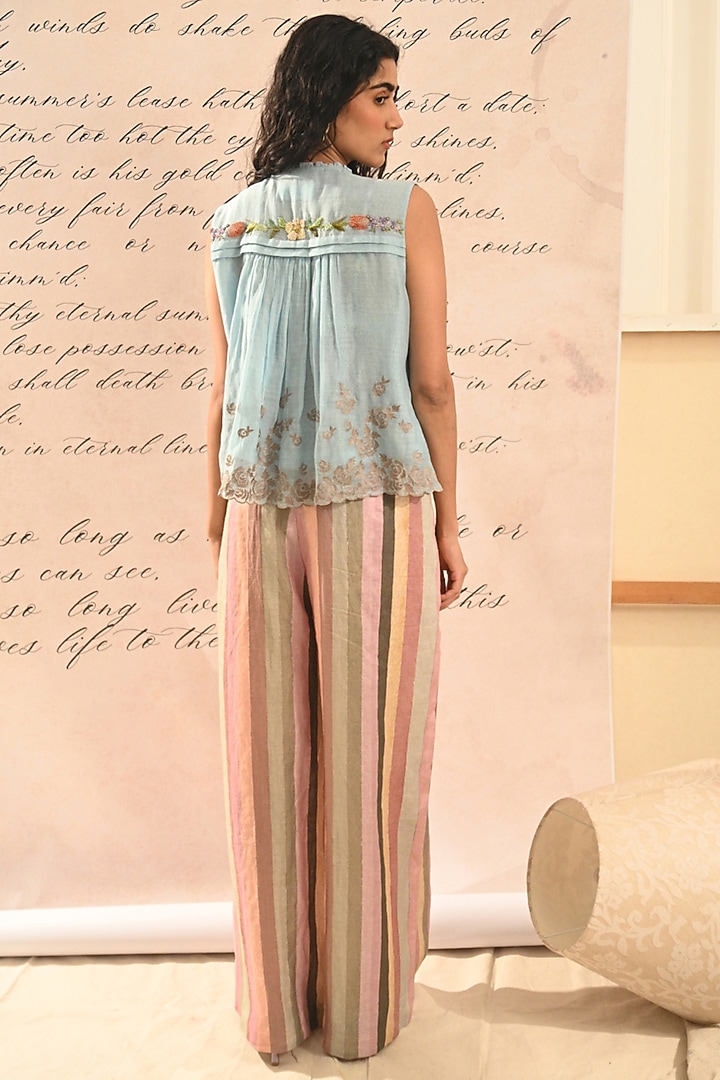 Pastel Blue Fine Chanderi Floral Embroidered Vest by Half Full Curve at Pernia's Pop Up Shop