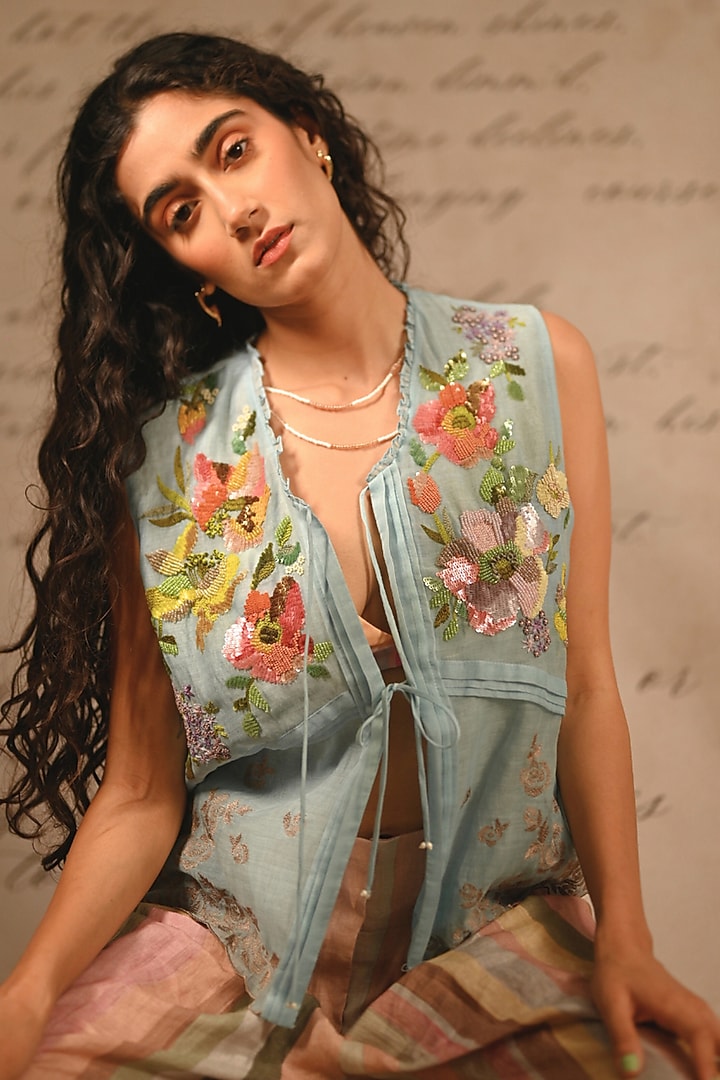 Pastel Blue Fine Chanderi Floral Embroidered Vest by Half Full Curve at Pernia's Pop Up Shop