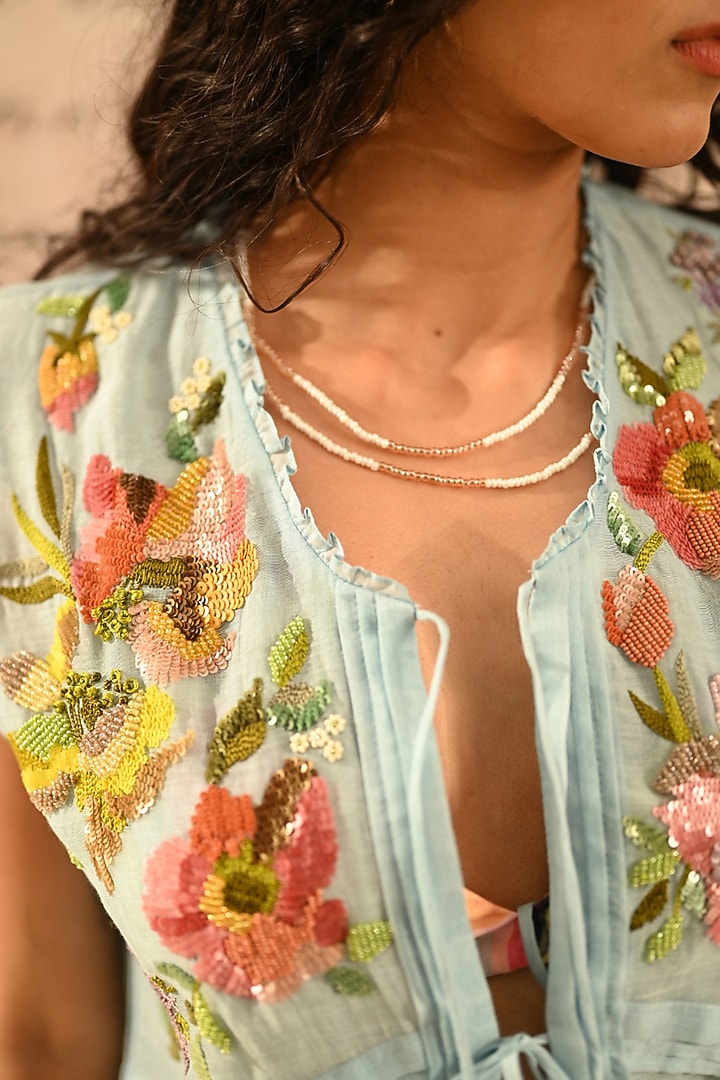 Pastel Blue Fine Chanderi Floral Embroidered Vest by Half Full Curve at Pernia's Pop Up Shop