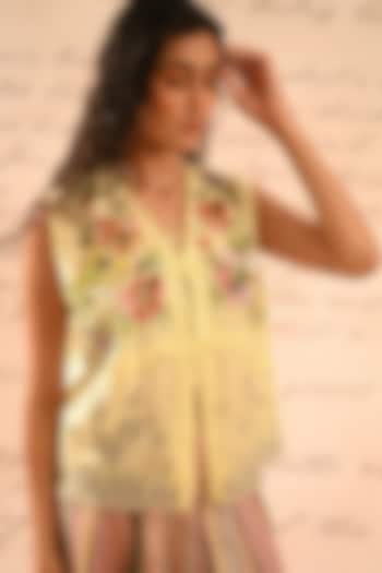Pastel Yellow Fine Chanderi Floral Embroidered Vest by Half Full Curve at Pernia's Pop Up Shop