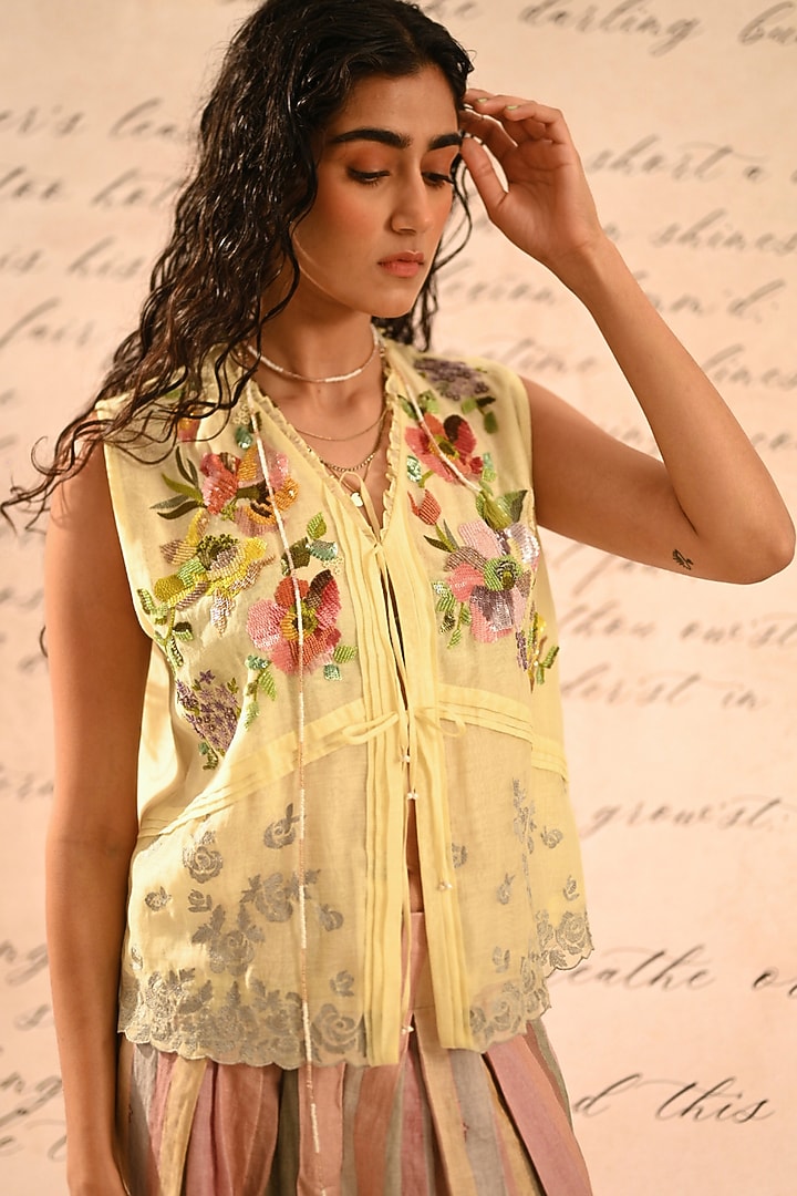Pastel Yellow Fine Chanderi Floral Embroidered Vest by Half Full Curve at Pernia's Pop Up Shop