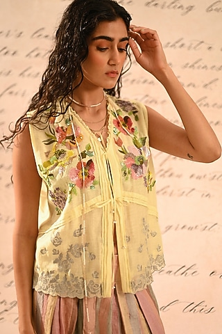 Pastel Yellow Fine Chanderi Floral Embroidered Vest by Half Full Curve