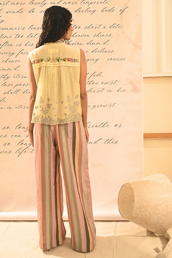 Pastel Yellow Fine Chanderi Floral Embroidered Vest by Half Full Curve at Pernia's Pop Up Shop