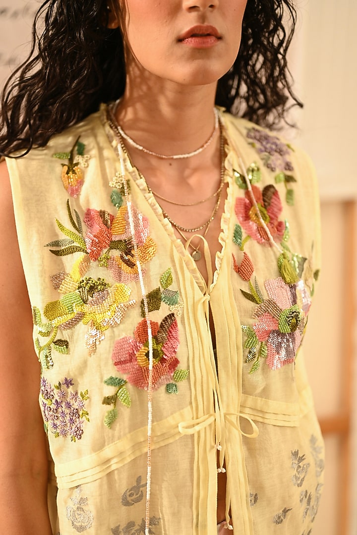 Pastel Yellow Fine Chanderi Floral Embroidered Vest by Half Full Curve at Pernia's Pop Up Shop
