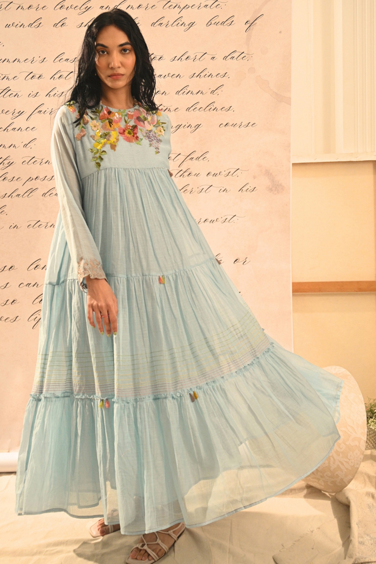 Half Full Curve Pastel Blue Handwoven Chanderi Hand Embroidered Dress