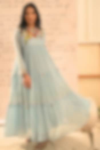 Pastel Blue Handwoven Chanderi Hand Embroidered Vacation Dress by Half Full Curve at Pernia's Pop Up Shop