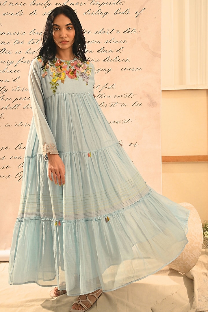 Pastel Blue Handwoven Chanderi Hand Embroidered Vacation Dress by Half Full Curve at Pernia's Pop Up Shop