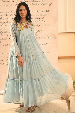 Pastel Blue Handwoven Chanderi Hand Embroidered Dress by Half Full Curve