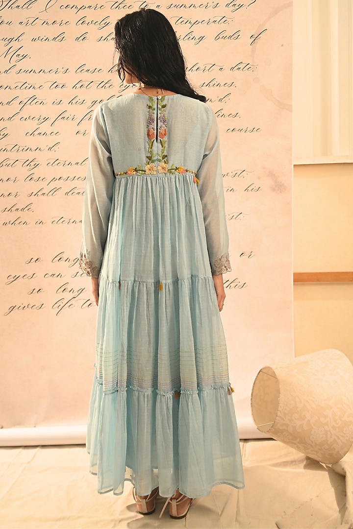 Pastel Blue Handwoven Chanderi Hand Embroidered Vacation Dress by Half Full Curve at Pernia's Pop Up Shop