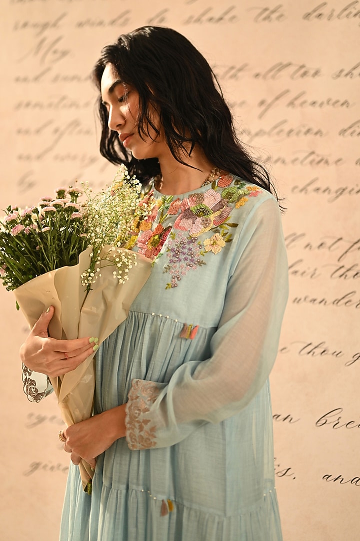 Pastel Blue Handwoven Chanderi Hand Embroidered Vacation Dress by Half Full Curve at Pernia's Pop Up Shop