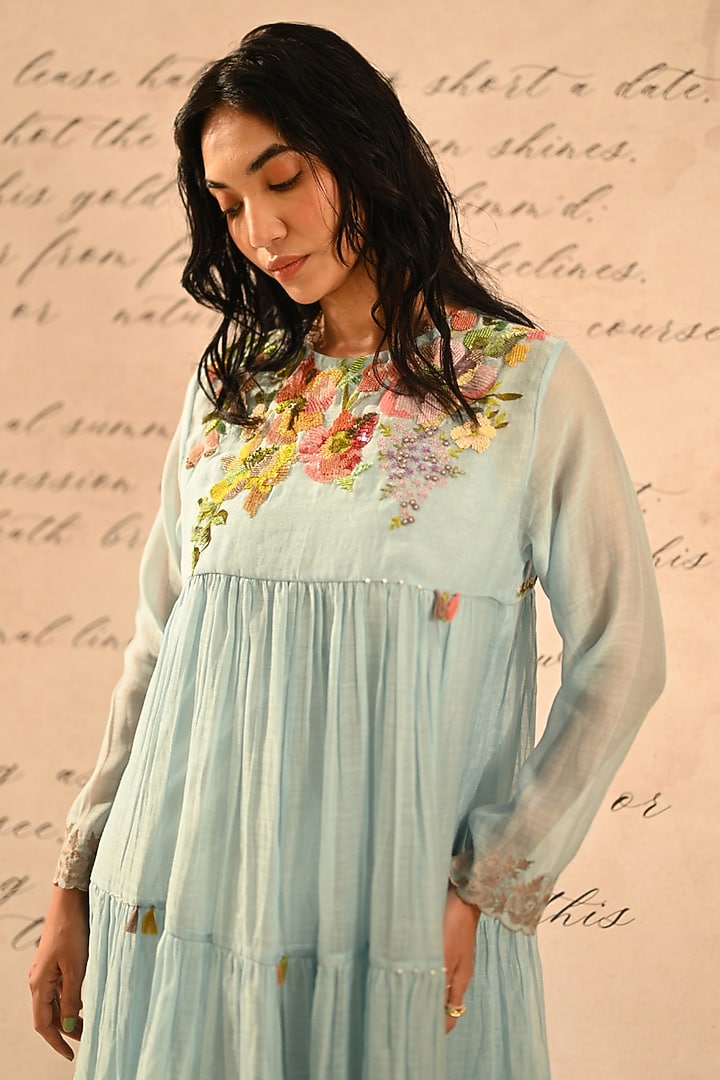 Pastel Blue Handwoven Chanderi Hand Embroidered Vacation Dress by Half Full Curve at Pernia's Pop Up Shop