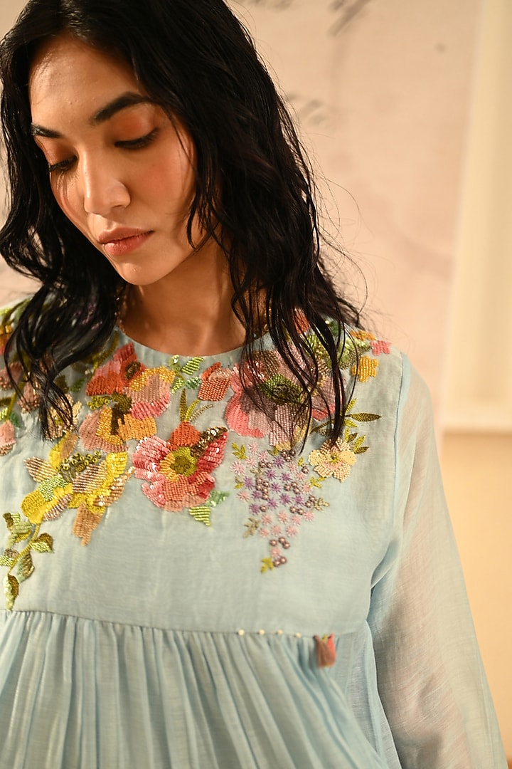 Pastel Blue Handwoven Chanderi Hand Embroidered Vacation Dress by Half Full Curve at Pernia's Pop Up Shop