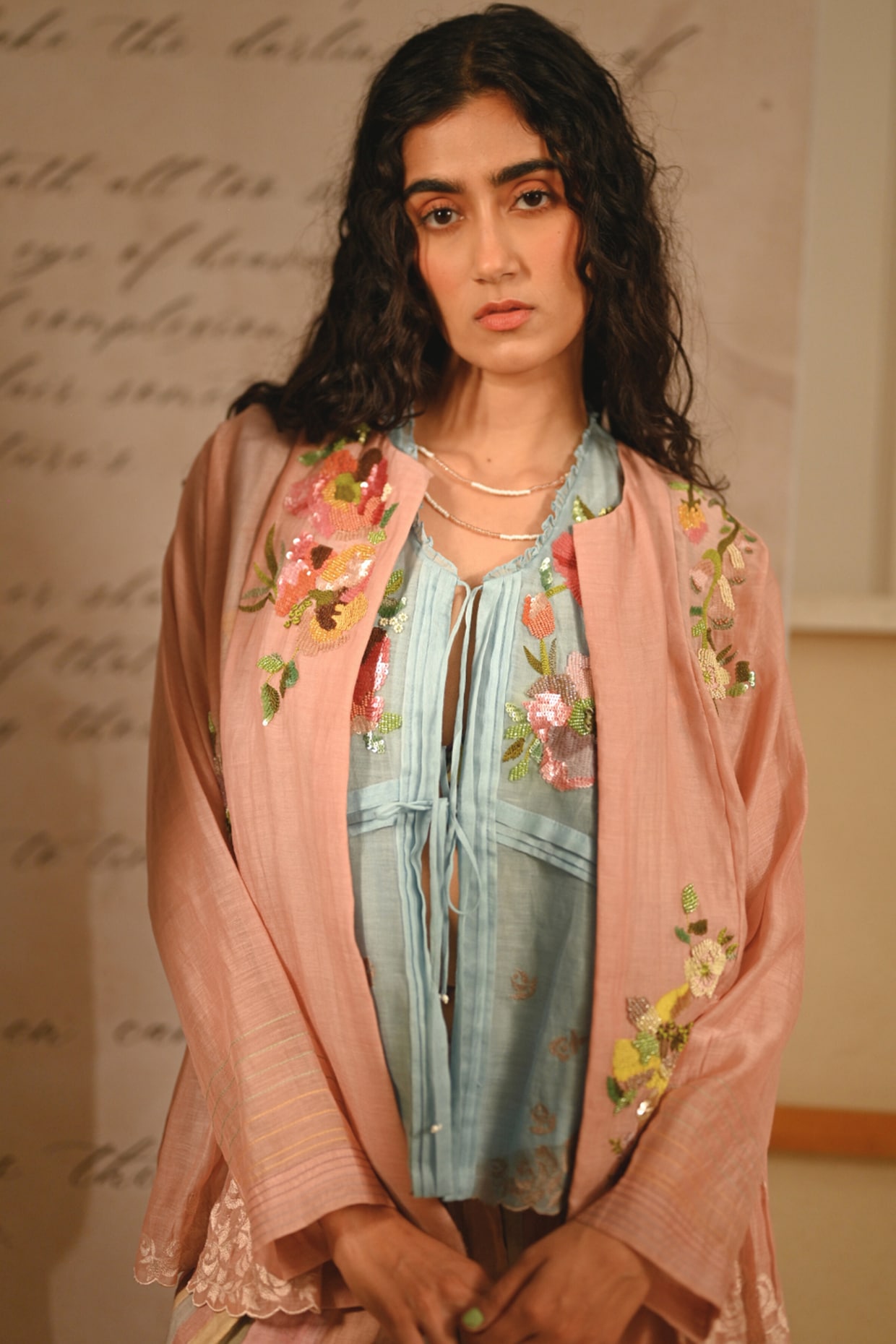 Half Full Curve Pastel Pink Fine Chanderi Floral Embroidered Gathered Jacket