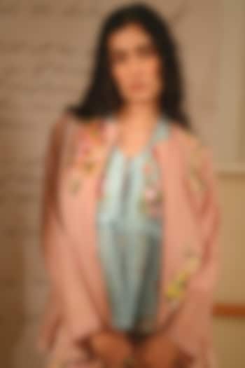 Pastel Pink Fine Chanderi Floral Embroidered Gathered Jacket by Half Full Curve at Pernia's Pop Up Shop