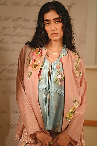 Pastel Pink Fine Chanderi Floral Embroidered Gathered Jacket by Half Full Curve