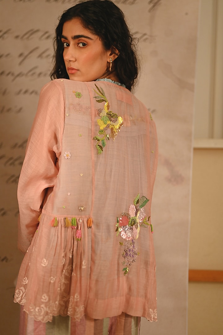 Pastel Pink Fine Chanderi Floral Embroidered Gathered Jacket by Half Full Curve at Pernia's Pop Up Shop
