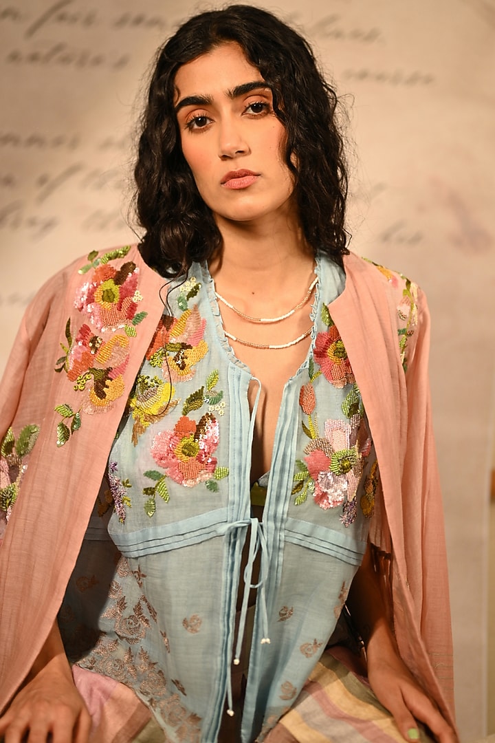 Pastel Pink Fine Chanderi Floral Embroidered Gathered Jacket by Half Full Curve at Pernia's Pop Up Shop
