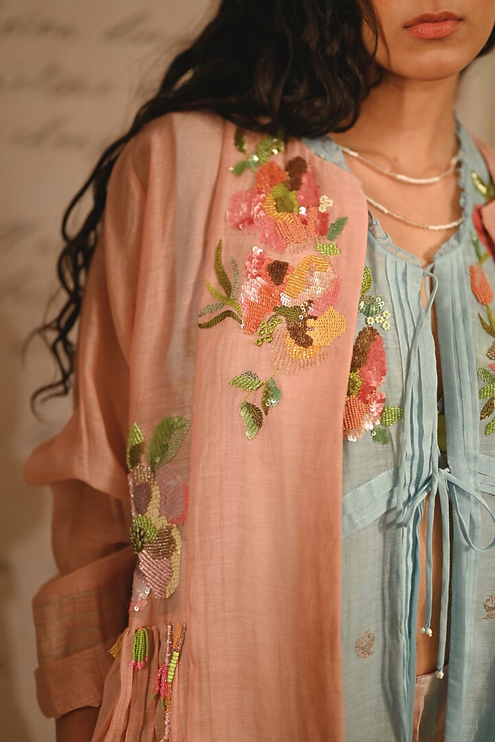 Pastel Pink Fine Chanderi Floral Embroidered Gathered Jacket by Half Full Curve at Pernia's Pop Up Shop