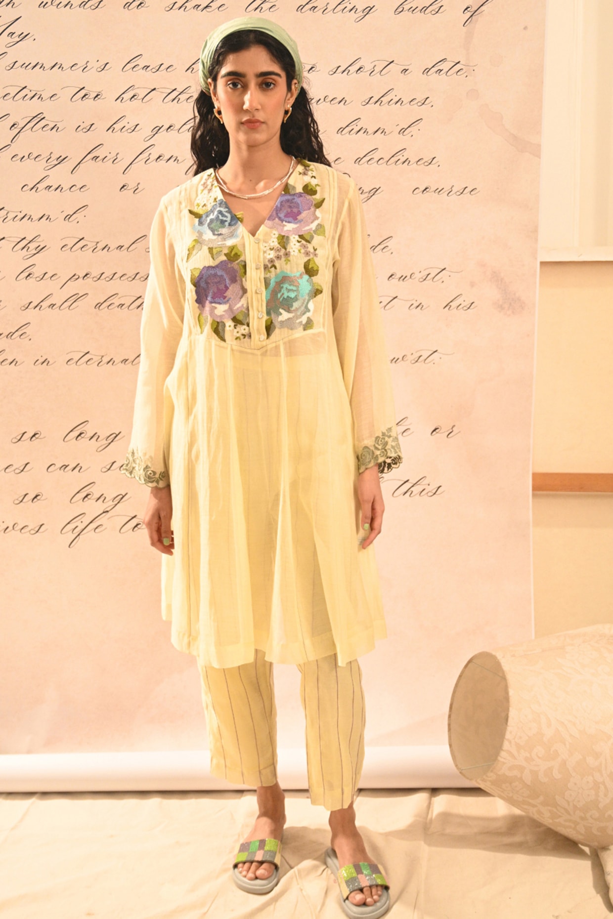 Half Full Curve Yellow Fine Chanderi Thread Embroidered Kurta Set