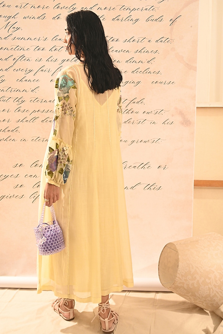 Yellow Fine Chanderi Thread Embroidered Paneled Vacation Dress by Half Full Curve at Pernia's Pop Up Shop
