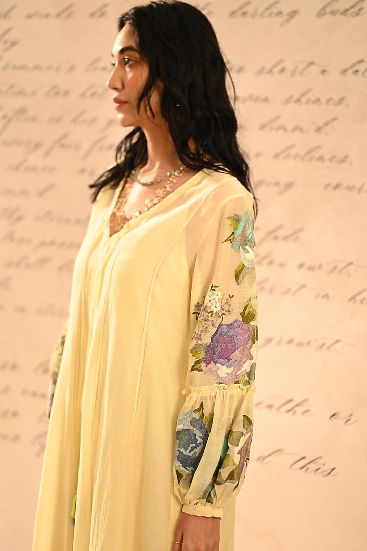 Yellow Fine Chanderi Thread Embroidered Paneled Vacation Dress by Half Full Curve at Pernia's Pop Up Shop