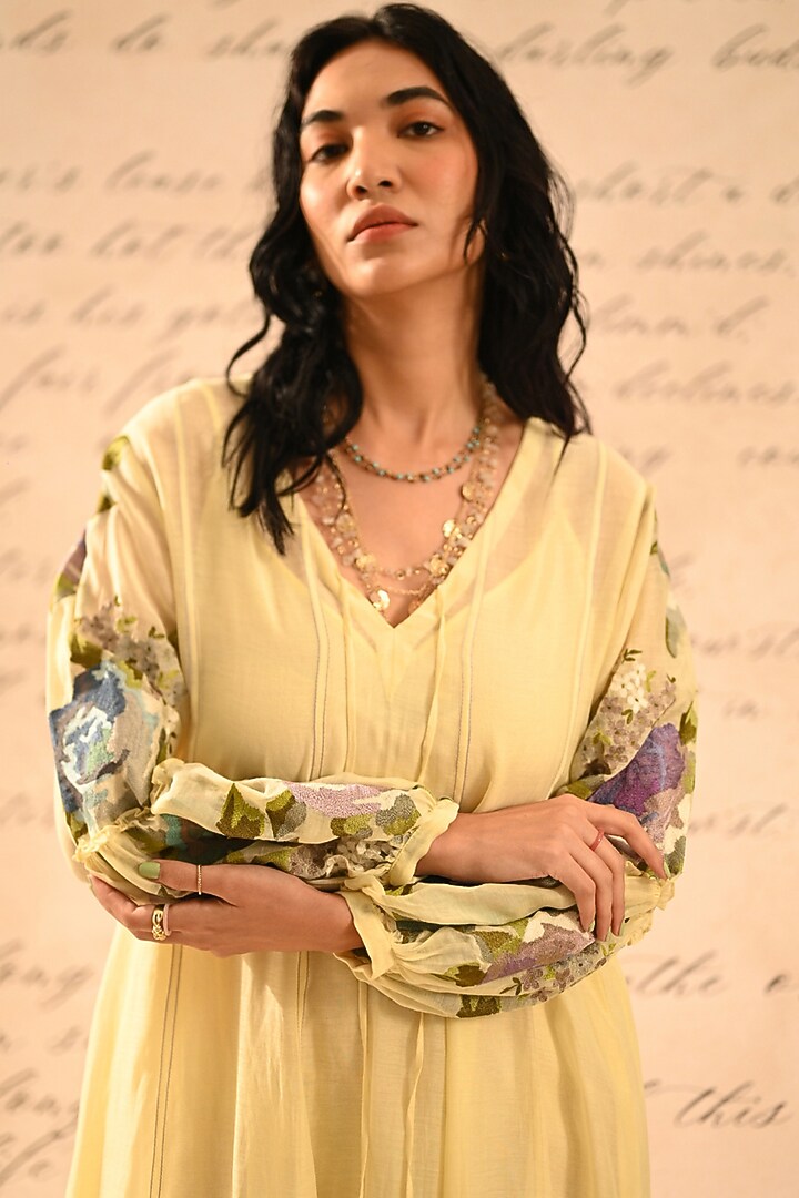 Yellow Fine Chanderi Thread Embroidered Paneled Vacation Dress by Half Full Curve at Pernia's Pop Up Shop