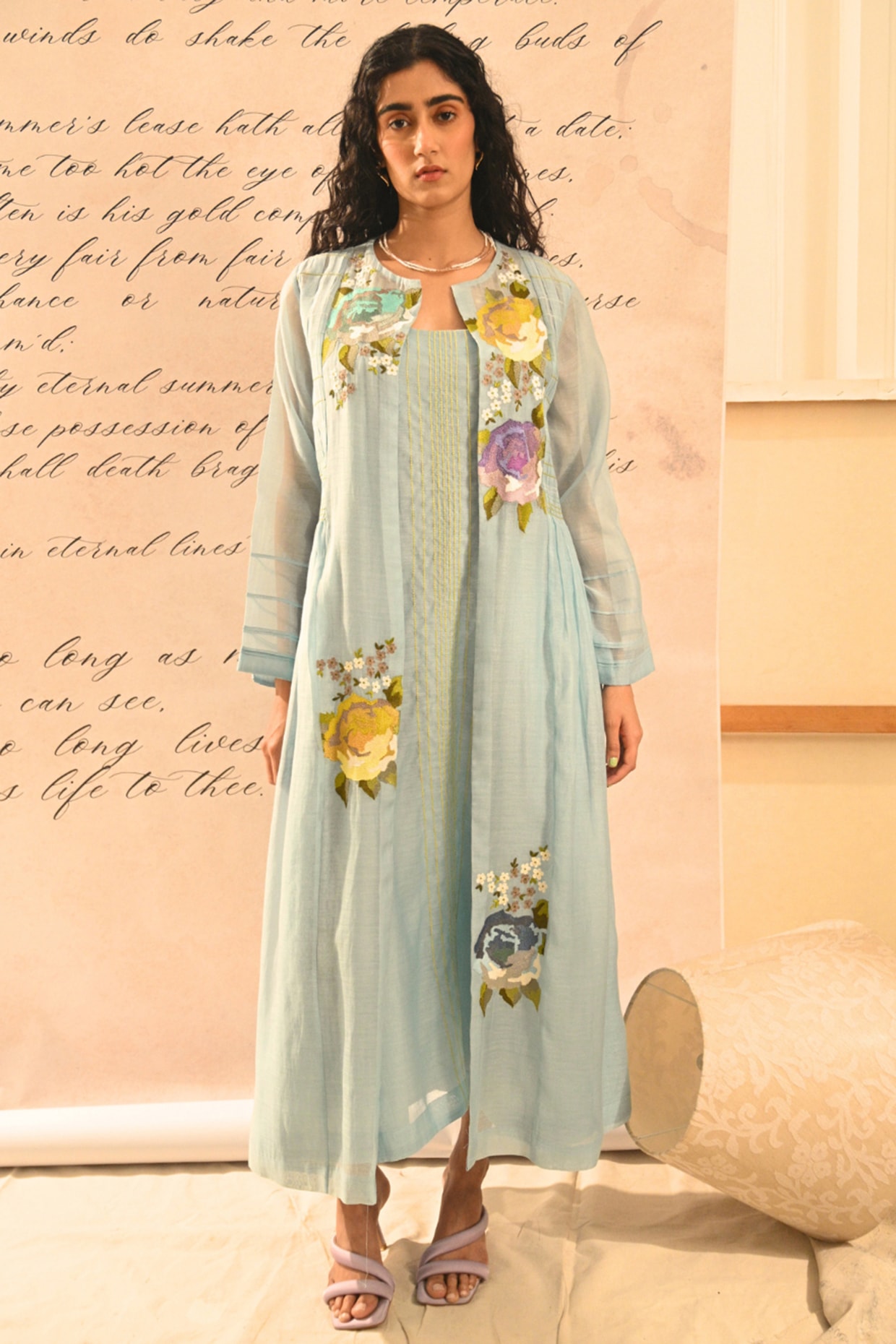 Half Full Curve Pastel Blue Fine Chanderi Thread Embroidered Jacket
