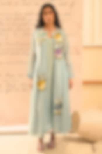 Pastel Blue Fine Chanderi Thread Embroidered Jacket by Half Full Curve at Pernia's Pop Up Shop