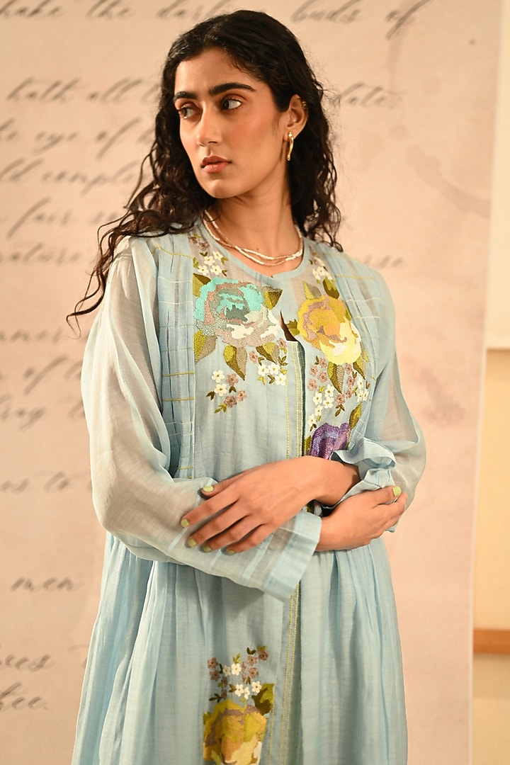 Pastel Blue Fine Chanderi Thread Embroidered Jacket by Half Full Curve at Pernia's Pop Up Shop
