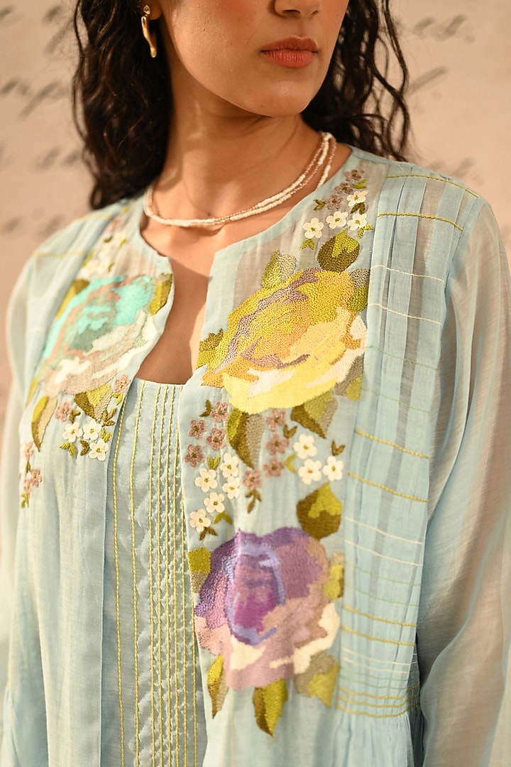 Pastel Blue Fine Chanderi Thread Embroidered Jacket by Half Full Curve at Pernia's Pop Up Shop