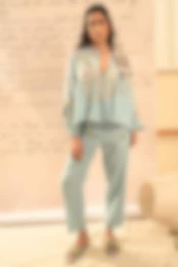 Pastel Blue Fine Chanderi Thread Embroidered Shirt by Half Full Curve at Pernia's Pop Up Shop