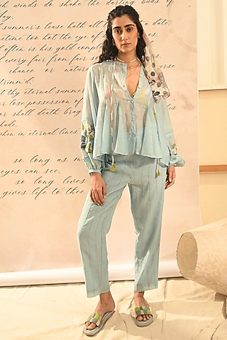 Pastel Blue Fine Chanderi Thread Embroidered Shirt by Half Full Curve