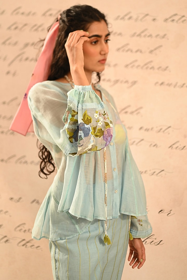 Pastel Blue Fine Chanderi Thread Embroidered Shirt by Half Full Curve at Pernia's Pop Up Shop