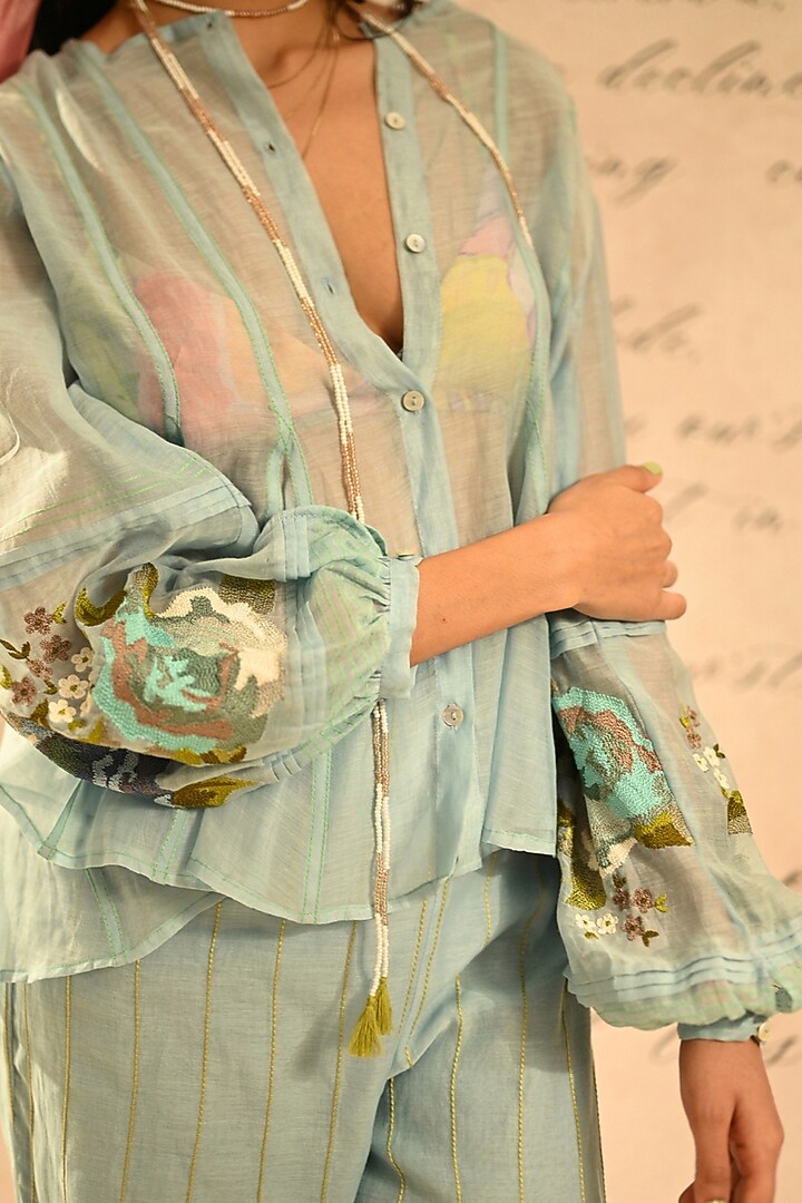 Pastel Blue Fine Chanderi Thread Embroidered Shirt by Half Full Curve at Pernia's Pop Up Shop