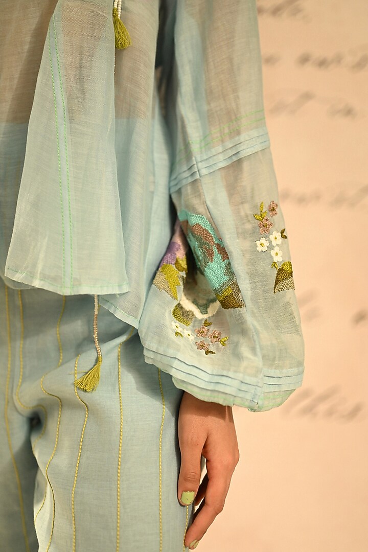 Pastel Blue Fine Chanderi Thread Embroidered Shirt by Half Full Curve at Pernia's Pop Up Shop