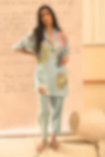 Pastel Blue Fine Chanderi Floral Embroidered Co-Ord Set by Half Full Curve at Pernia's Pop Up Shop