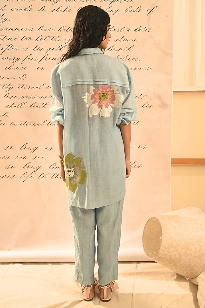 Pastel Blue Fine Chanderi Floral Embroidered Co-Ord Set by Half Full Curve at Pernia's Pop Up Shop