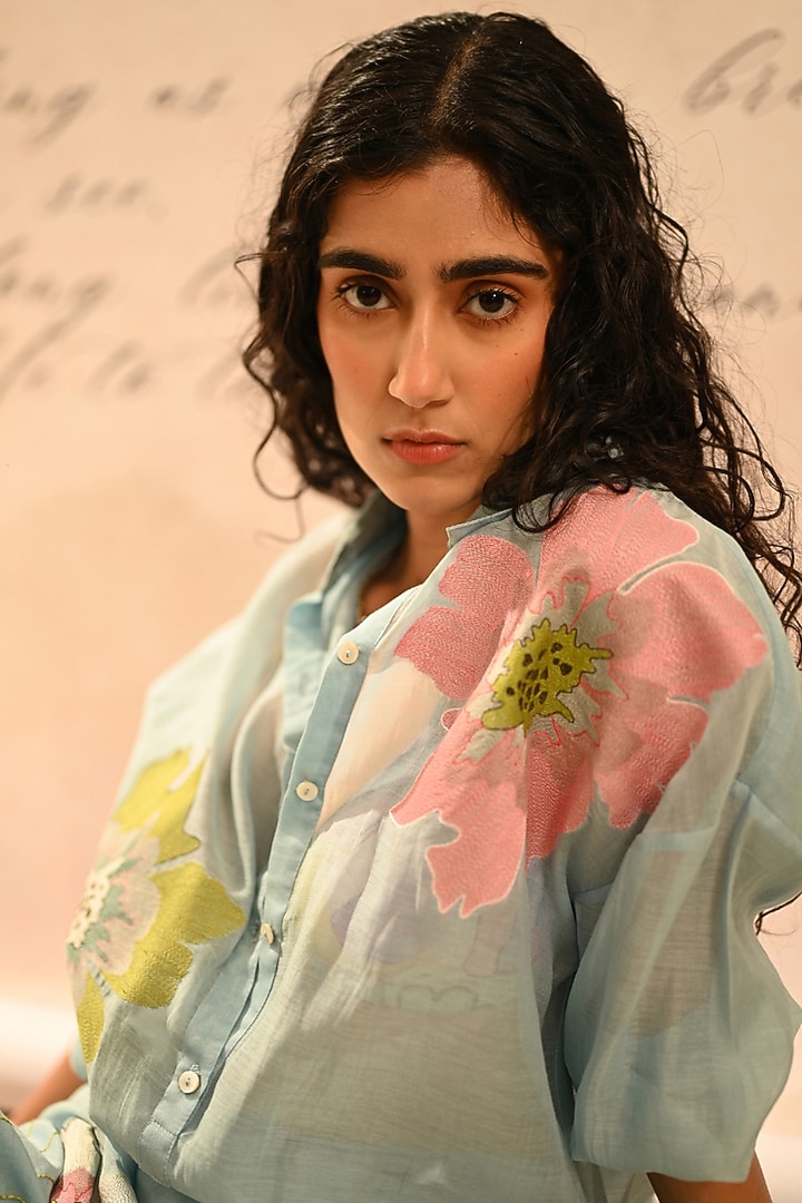 Pastel Blue Fine Chanderi Floral Embroidered Co-Ord Set by Half Full Curve at Pernia's Pop Up Shop
