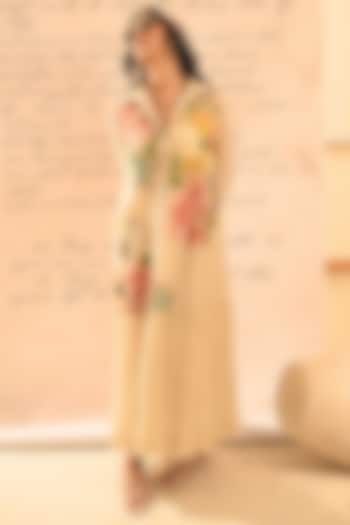 Beige Fine Chanderi Floral Embroidered Vacation Shirt Dress by Half Full Curve at Pernia's Pop Up Shop