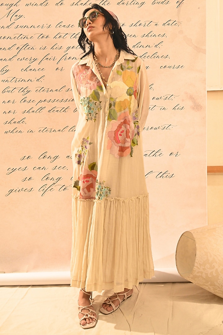 Beige Fine Chanderi Floral Embroidered Vacation Shirt Dress by Half Full Curve at Pernia's Pop Up Shop