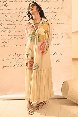 Beige Fine Chanderi Floral Embroidered Shirt Dress by Half Full Curve