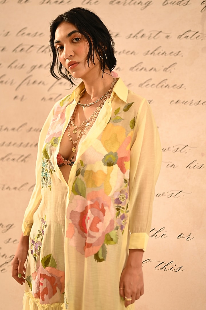 Beige Fine Chanderi Floral Embroidered Vacation Shirt Dress by Half Full Curve at Pernia's Pop Up Shop