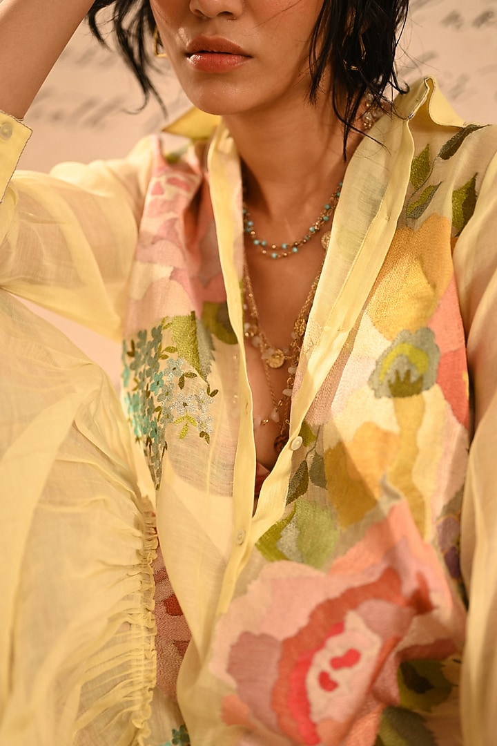Beige Fine Chanderi Floral Embroidered Vacation Shirt Dress by Half Full Curve at Pernia's Pop Up Shop