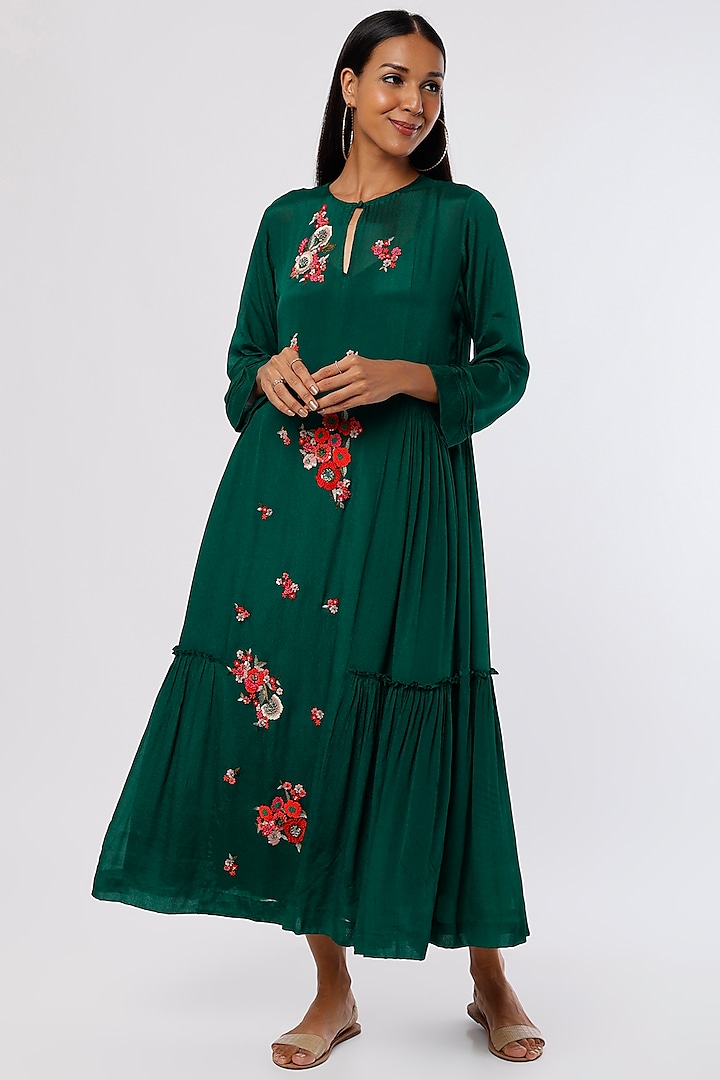 Dark Green Embroidered Dress by Half Full Curve