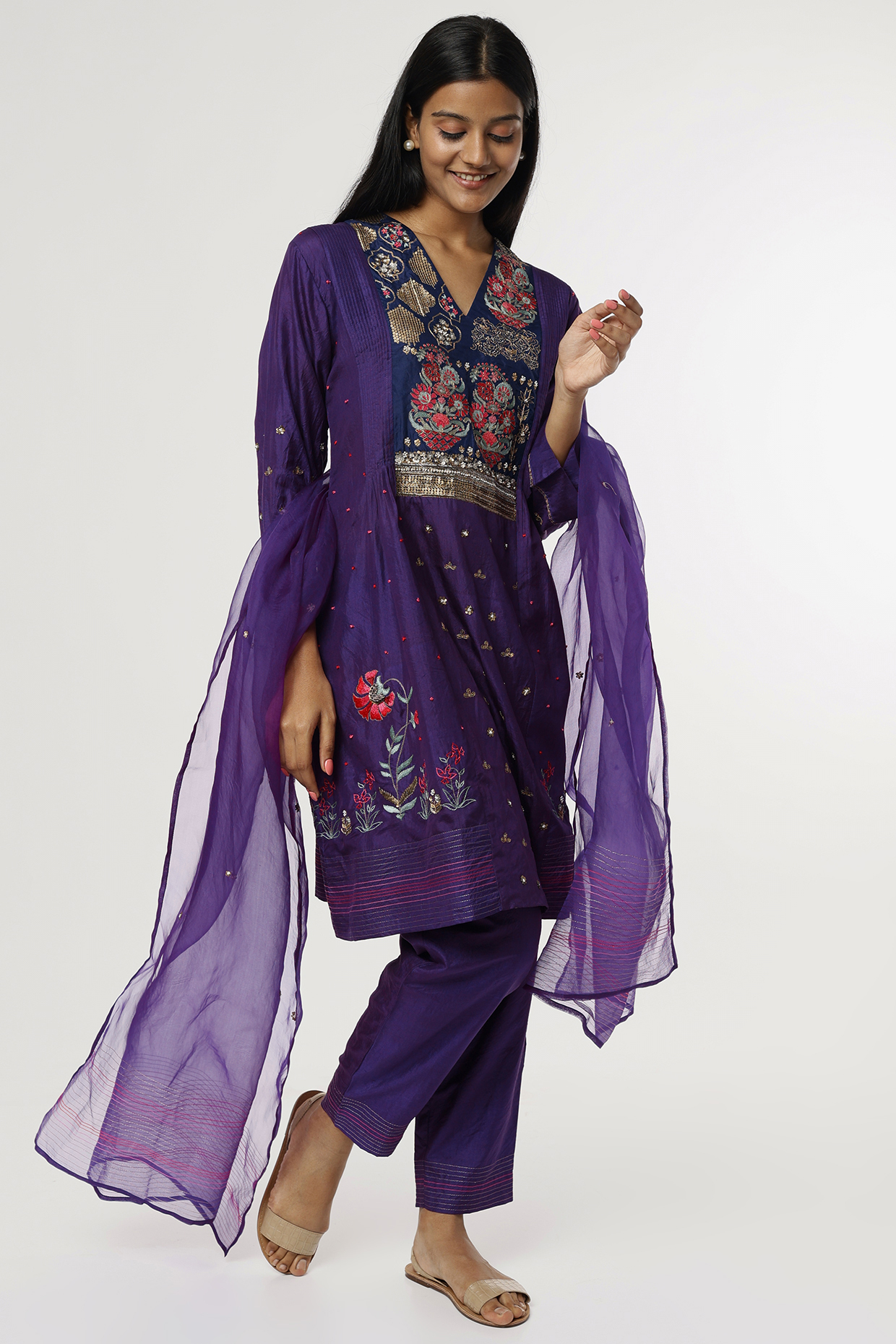 Purple Hand Embroidered Kurta Set by Half Full Curve at Pernia's Pop Up Shop
