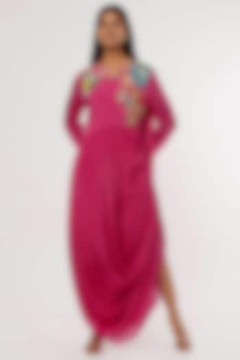 Fuchsia Hand Embroidered Drape Dress by Half Full Curve